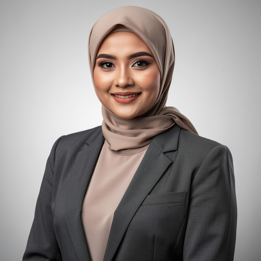 Studio portrait of a Malay Singaporean woman in her thirties, wearing a hijab, smiling confidently