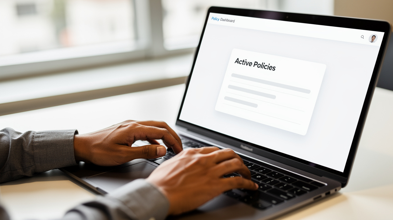 Software engineer's hands typing on a laptop showing an insurance dashboard interface